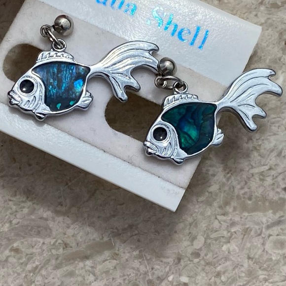 Vintage NOS Paua Shell Fish Pierced Earrings on Original Card New Store Stock - Picture 3 of 7